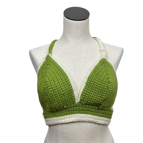 Tops - Handmade Green Cream Crochet Tie Back Bralette M